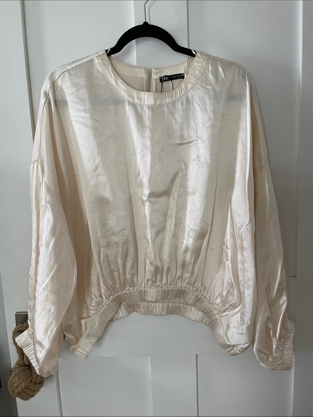 Zara Cream Satin Elastic-Hem Long Sleeve Top